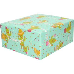 1x Inpakpapier mint met gekleurde cactus en Happy Birthday slinger op rol - 70 x 200 cm - kadopapier / cadeaupapier
