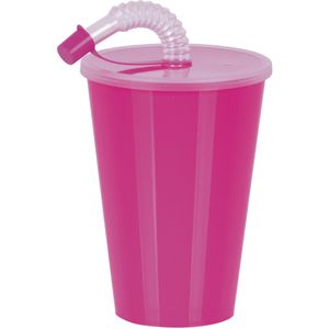 Juypal Drinkbeker met deksel en rietje - roze - kunststof - 450 ml - 12 x 9 cm