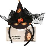 Halloween heksenhoed - mini hoedje op diadeem - one size - zwart/oranje - meisjes/dames - verkleed accessoires