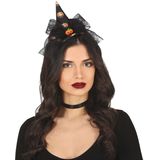 Halloween heksenhoed - mini hoedje op diadeem - one size - zwart/oranje - meisjes/dames - verkleed accessoires
