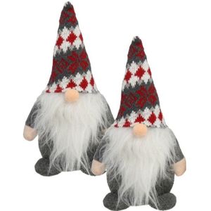 2x stuks pluche gnome/dwerg/kabouter decoratie poppen/knuffels kleding grijs en muts 26 x 11 cm