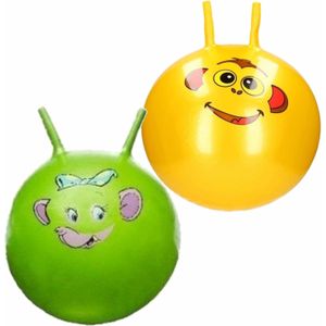 2x stuks speelgoed Skippyballen met dieren gezicht geel en groen 46 cm - Buitenspeelgoed