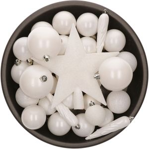33x stuks kunststof kerstballen met piek 5-6-8 cm wit incl. haakjes - Kerstversiering