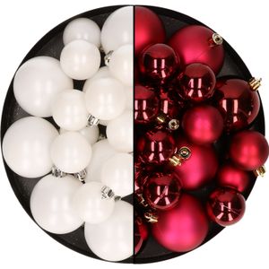 Kerstversiering kunststof kerstballen kleuren mix donkerrood/winter wit 4-6-8 cm pakket van 68x stuks