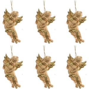 6x Kerstboomdecoratie gouden engeltjes met lute 10 cm - gouden kerstboomversiering - kerstdecoratie