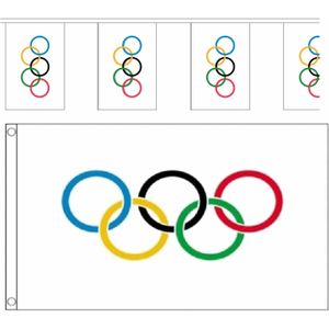Olympische spelen versiering decoratie vlaggetjes pakket - vlag 90 x 150 cm en 2x een vlaggenlijnen van 3 meter
