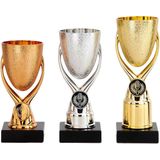 Luxe trofee/prijs bekers - set van 3x - brons/goud/zilver - metaal - 15 x 6,8 cm