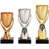 Luxe trofee/prijs bekers - set van 3x - brons/goud/zilver - metaal - 15 x 6,8 cm