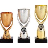 Luxe trofee/prijs bekers - set van 3x - brons/goud/zilver - metaal - 15 x 6,8 cm