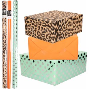 9x Rollen kraft inpakpapier/folie pakket - panterprint/oranje/mint groen met zilveren stippen 200 x 70 cm - dierenprint papier