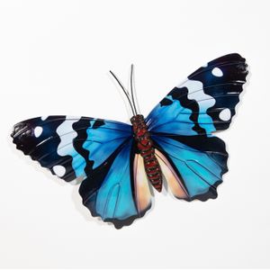 Anna's Collection Wand decoratie vlinder - blauw - 45 x 28 cm - metaal - muurdecoratie/schutting - buiten - tuinbeelden van dieren