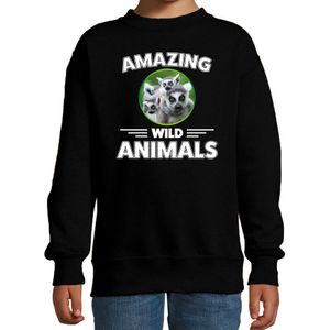 Sweater maki - zwart - kinderen - amazing wild animals - cadeau trui maki / ringstaart makis liefhebber