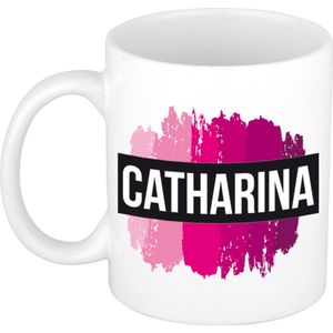 Catharina  naam cadeau mok / beker met roze verfstrepen - Cadeau collega/ moederdag/ verjaardag of als persoonlijke mok werknemers