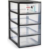 Plasticforte Ladeblokje/bureau organizer met 4x lades - transparant/zwart - L26 x B37 x H49 cm