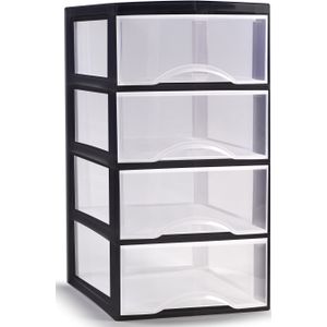 Plasticforte Ladeblokje/bureau organizer met 4x lades - transparant/zwart - L26 x B37 x H49 cm