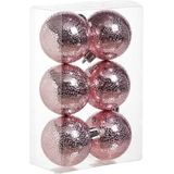 24x Roze kunststof kerstballen 6 cm - Cirkel motief - Onbreekbare plastic kerstballen - Kerstboomversiering roze