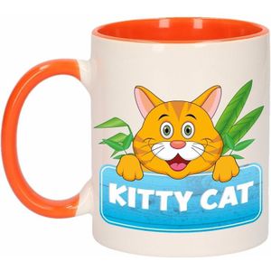 1x Kitty Cat beker / mok - oranje met wit - 300 ml keramiek - katten bekers