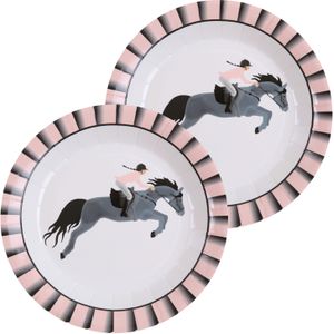 Santex feest wegwerpbordjes - paarden - 20x stuks - 23 cm - roze/grijs