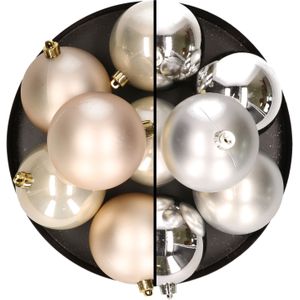 12x stuks kunststof kerstballen 8 cm mix van zilver en champagne - Kerstversiering