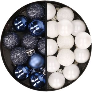 Kerstballen 34x st - 3 cm - donkerblauw en wit - kunststof