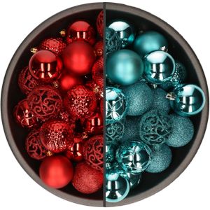 74x stuks kunststof kerstballen mix van rood en turquoise blauw 6 cm - Kerstversiering