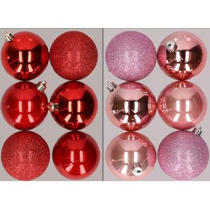 12x stuks kunststof kerstballen mix van rood en roze 8 cm - Kerstversiering