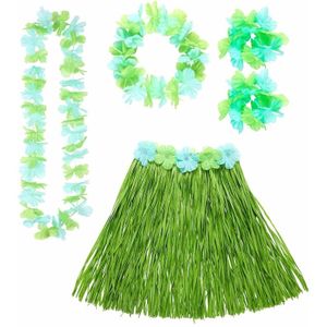 2x stuks hawaii dames verkleed setje rokje en bloemenslingers groen - Carnaval party kleding