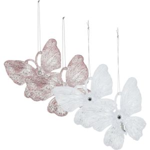 Kersthangers vlinders - 4x st - transparant met roze en wit - 15 cm - kunststof