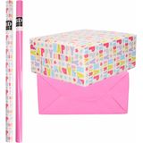 4x Rollen kraft inpakpapier happy birthday pakket - roze 200 x 70 cm - cadeau/verzendpapier