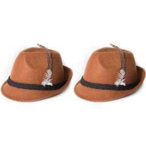 2x Bruine Tiroler hoedjes verkleedaccessoires voor volwassenen - Oktoberfest/bierfeest feesthoeden - Alpenhoedje/jagershoedje