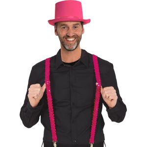 Carnaval verkleed set - fuchsia roze - hoed en pailletten bretels- volwassenen/unisex - feestkleding