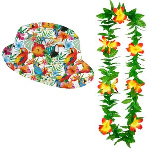 Carnaval verkleed set - Tropische Hawaii party - Multi colour print hoedje - bloemenslinger groen/geel - volwassenen