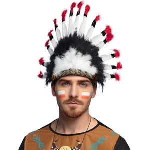 Boland indianen veren tooi voor heren - zwart/wit/rood - met ornamenten - carnaval/verkleed accessoires - volwassenen