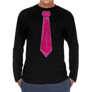 Bellatio Decorations Verkleed shirt heren - stropdas glitter roze - zwart - carnaval - longsleeve