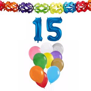 Folat Verjaardagversiering set - 15 jaar - opblaas cijfer/slingers/ballonnen