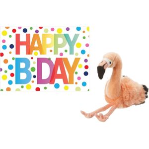 Pluche Knuffel Flamingo 18 cm met A5-size Happy Birthday Wenskaart - Verjaardag Cadeau Setje