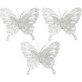 House of Seasons kerstboomversiering vlinders op clip - 12x st - zilver - 10 cm