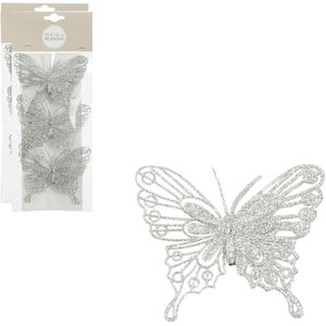 House of Seasons kerstboomversiering vlinders op clip - 12x st - zilver - 10 cm