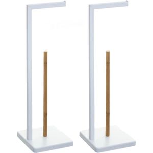 2x stuks staande wc/toiletrolhouders met reservoir wit 64,5 cm van verchroomd metaal/bamboe - Wc-rol houder - Toiletrol houder