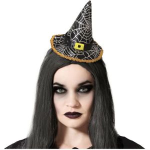 Halloween heksenhoed - mini hoedje op diadeem - one size - zwart/zilver - meisjes/dames