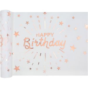 Santex Happy birthday verjaardag tafelloper op rol - wit/rose goud - 30 x 500 cm - polyester