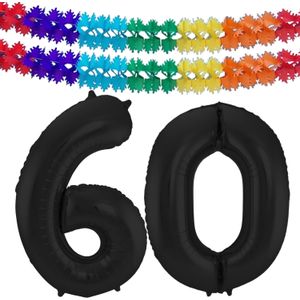 Folat folie ballonnen - Leeftijd cijfer 60 - zwart - 86 cm - en 2x slingers