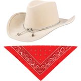 Carnaval verkleedset cowboyhoed Django - creme wit - met rode hals zakdoek - voor volwassenen