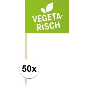50x Cocktailprikkers Vegetarisch 8 cm vlaggetjes - Houten spiesjes met papieren vlaggetje - Wegwerp prikkertjes