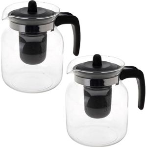 6x stuks glazen transparante theepot 1,5 liter met zwart filter - Thee drinken - Thee serveren - Theepotten met filters