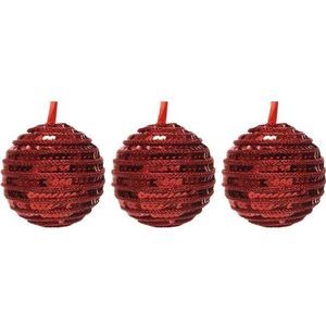 3x Kerst rode kunststof kerstballen 8 cm - Pailletten/sequin -  Onbreekbare plastic kerstballen - Kerstboomversiering kerst rood