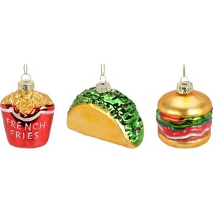 Christmas Decorations kersthangers - 3x- glas-hamburger/friet/sandwich