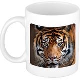 Set van 4x stuks siberische tijger koffiemok / theebeker wit 300 ml - keramiek - dierenmokken - cadeau beker / tijgers