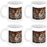 Set van 4x stuks siberische tijger koffiemok / theebeker wit 300 ml - keramiek - dierenmokken - cadeau beker / tijgers