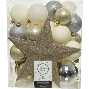 Decoris kerstballen - 33x st incl. ster piek - champagne/zilver/wit - kunststof - kerstversiering